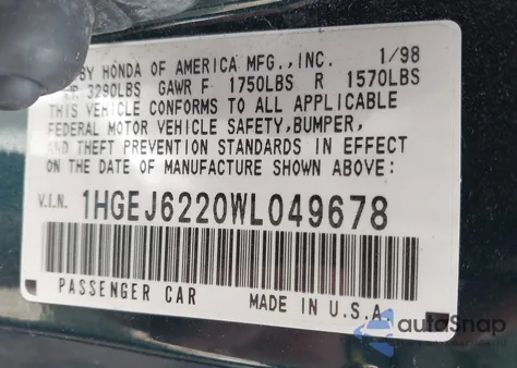 1998 Honda Civic Dx z USA, uszkodzony, nr VIN 1HGEJ6220WL049678